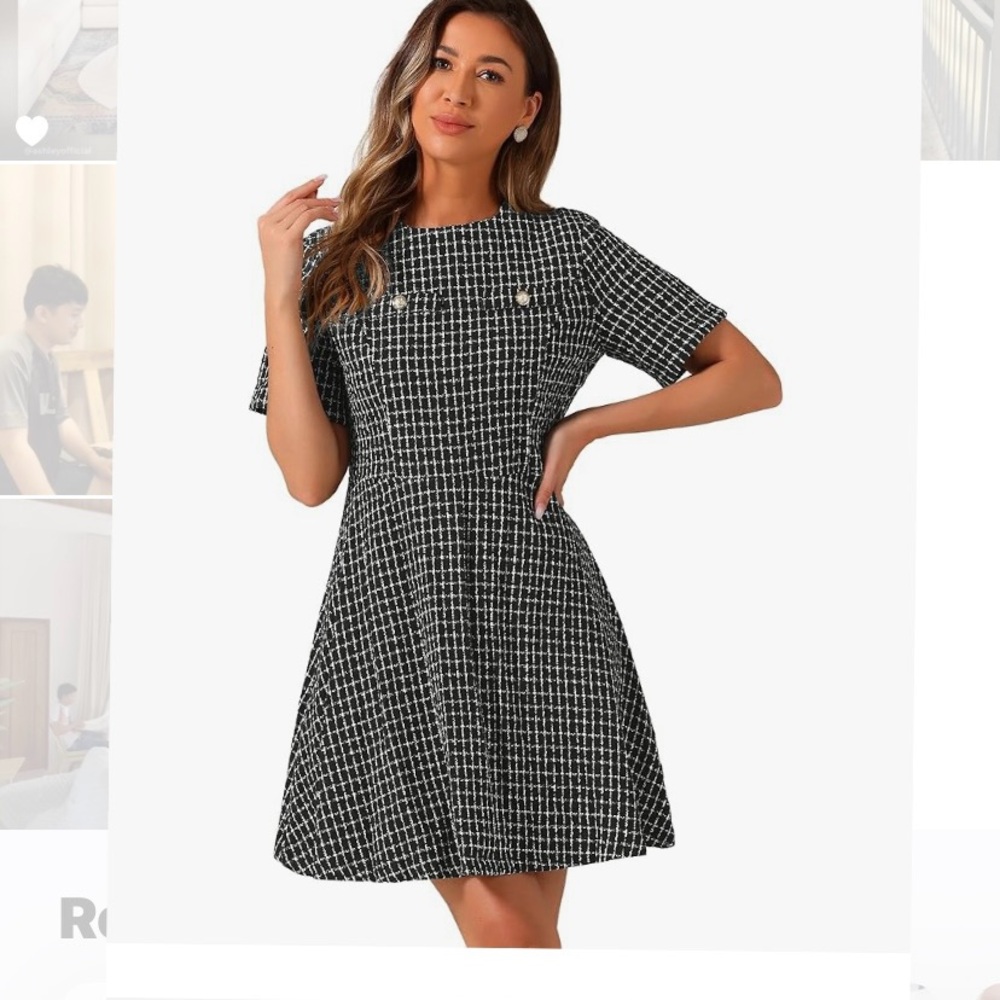 New Women XS Allegra K Elegant Short Sleeve A-line Dresses Plaid Tweed